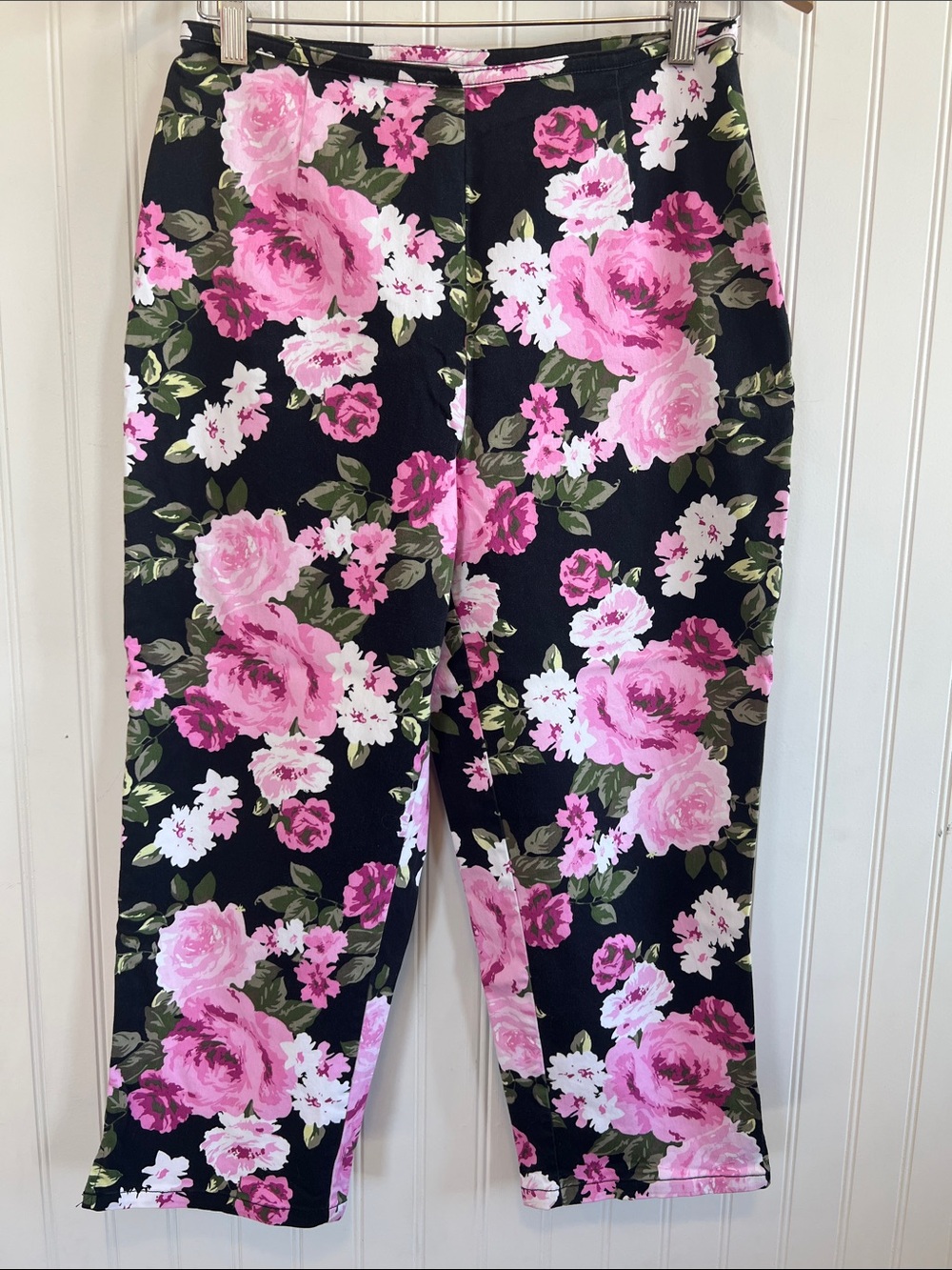 St. John's Bay Black Capri Pants with Pink Floral Print